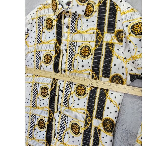 BC Collection Spangled Modern Button Up Long Sleeve Monogram Gold Chain Shirt - Picture 5 of 9